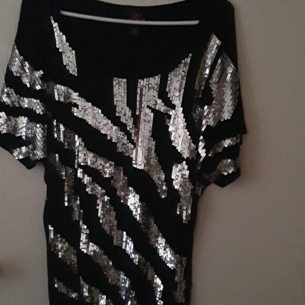 Bebe Black and Silver sequin bling blouse
